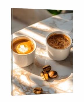 Two Cups of Coffee Latte and Espresso on Marble Table