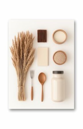 Flatlay of Wheat Sheaf, Grains, and Wooden Utensils on White Background