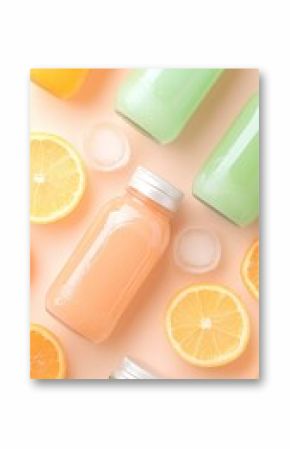 Pastel Juice Bottles Flatlay with Orange Slices and Ice
