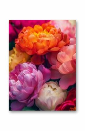Colorful and vibrant floral arrangement featuring various peonies in shades of orange, pink, and white, creating a stunning visual display suitable for springtime themes.