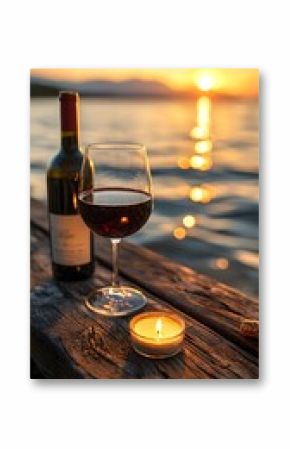 Romantic Sunset Wine: Red Wine Bottle and Glass on Wooden Dock