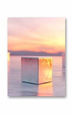 Reflective Metallic Cube at Sunset with Pink and Orange Sky