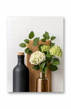 Elegant Still Life with White Hydrangeas and Black Bottle