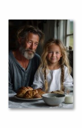 Warm Family Breakfast Scene with Elderly Man and Young Girl in Cozy Rustic Kitchen