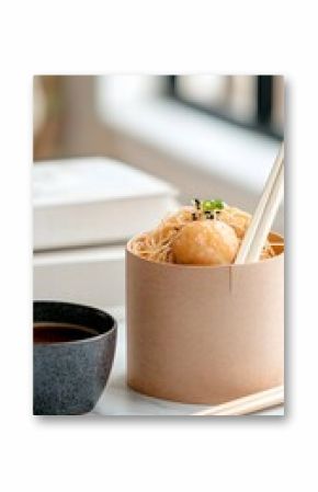 Beige Noodle Bowl with Sauce and Chopsticks on Marble Table