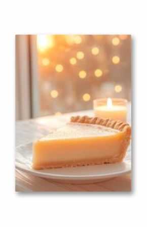 Golden Custard Pie Slice with Candlelight and Sunset Background