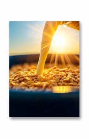 Milk Pouring onto Cereal at Sunset