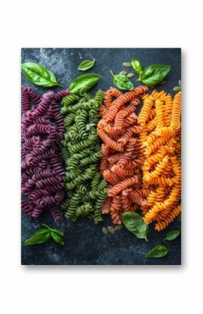 Colorful spiral pasta, herbs, and seeds on a dark surface