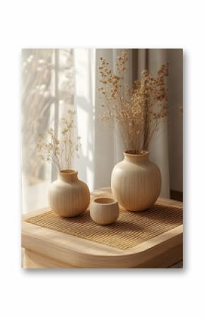 Three wooden vases on a light beige table.