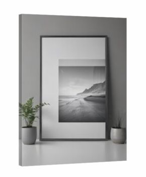 Grey accent lines, minimalist photo display, clean design, flatlay, showcase, grey lines