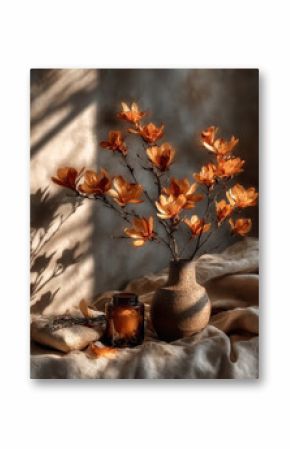 Warm sunlight illuminates orange magnolia blossoms in a textured vase, accompanied by a glass jar and fabric on a cozy backdrop.
