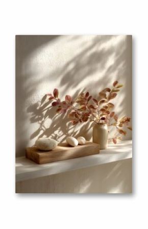 Neutral Minimalist Still Life with Wooden Shelf and Autumn Leaves