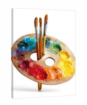 Vibrant artist's palette with paint and brushes. Ready for creative expression!