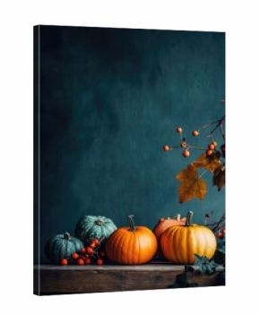 Autumnal pumpkins and berries on a rustic wooden surface