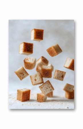 Light-brown cubed bread in mid-air, suspended in motion against a light gray background