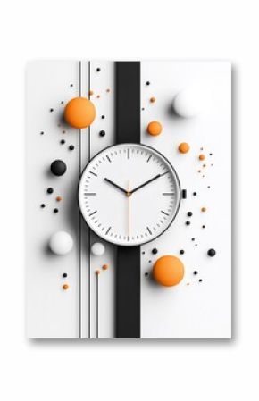 Minimalist White Clock with Orange and Black Spheres on White Background