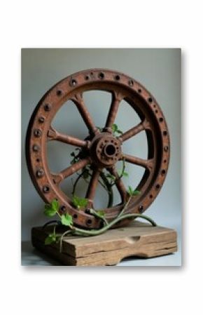 Rustic Iron Wheel with Lush Greenery Displayed on a Weathered Wooden Base