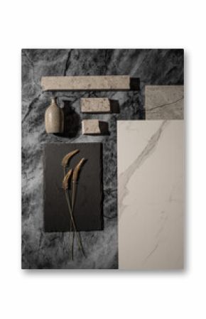 Flatlay with different textures of marble, ceramics and dried grass.