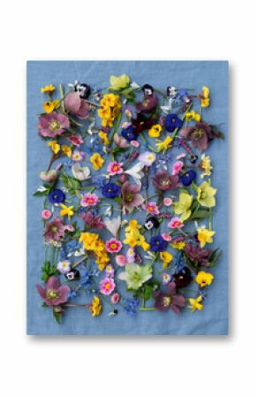Spring flowers on blue linen