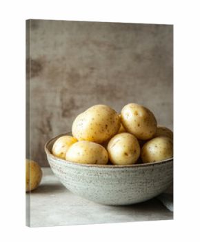 A bowl of fresh potatoes on a rustic surface