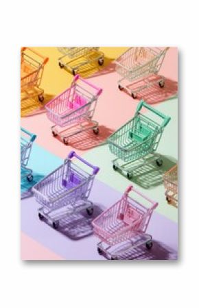 Colorful shopping carts arranged in a pattern.