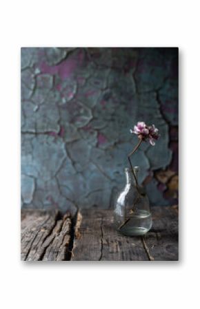 Single stem flower in clear glass bottle on weathered wood surface against textured painted background in a moody, artistic still life.