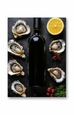 A bottle of wine surrounded by fresh oysters and a slice of lemon, creating an elegant and appetizing still life perfect for culinary enthusiasts and food photography lovers.