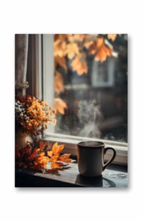 Autumn tranquility enjoying a warm beverage by the window on a crisp fall day enjoying peaceful moment near nature