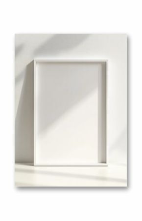 Empty white picture frame against a white wall, bathed in sunlight