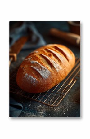 Golden Crusty Loaf of Bread on Wire Rack