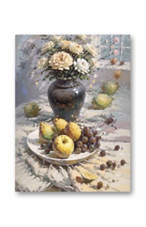 Still Life Painting with Fruits and Vase