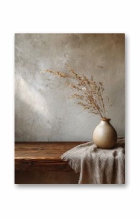 Rustic vase with dried grasses on wooden table in cozy interior setting