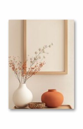Beige-toned interior still life with framed art, dried flowers, and vases