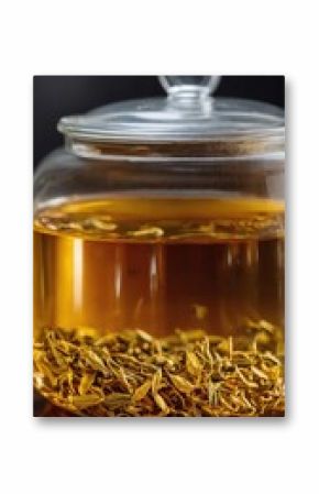 Golden Loose Leaf Tea Steeping in a Clear Glass Teapot
