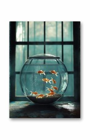 A fishbowl filled with goldfish sitting on a surface in front of a window with a dark frame