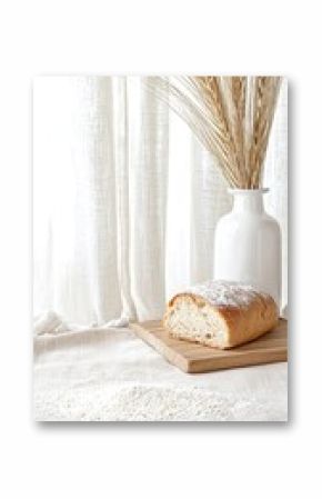 Freshly Baked Bread Loaf on Wooden Board with Pampas Grass