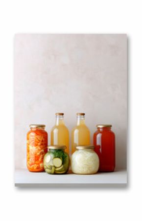 Assorted jars and bottles of fermented foods and drinks on white shelf with soft pastel background