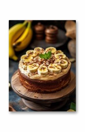 Delicious Banana Cake with Caramel Frosting, Walnuts, and Mint Garnish on Stand