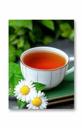 Amber Tea in White Cup with Daisies and Green Foliage