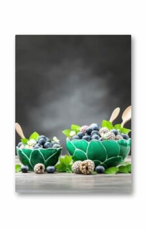 Green Floral Bowls of Fresh Berries with Wooden Spoons