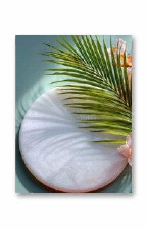 White Textured Stone Plate with Palm Leaf and Handmade Product