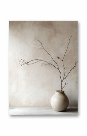 Minimalist Decorative Still - Life: Rustic Ceramic Vase with Bare Branches against Textured Wall, Perfect for Interior Design Inspiration, Home Decor Projects, and Zen - Themed Visual Content 
