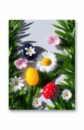 Vivid Easter Eggs nestled in Lush Green Grass with Daisies