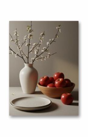 White Vase with Blooming Branches Red Apples Wooden Bowl Plates Table Setting