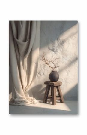 Elegant minimalist interior with rustic wooden stool and modern vase with dried branches illuminated by soft natural sunlight