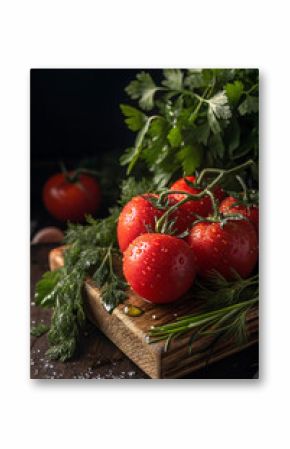 Ripe tomatoes with herbs on a rustic wooden board