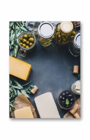 Delicious artisan cheese and olive assortment