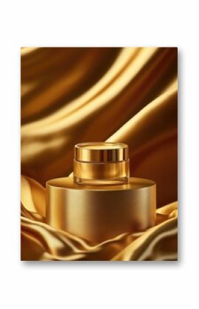 Golden cream jar resting on a round podium with draped golden fabric cascading behind it