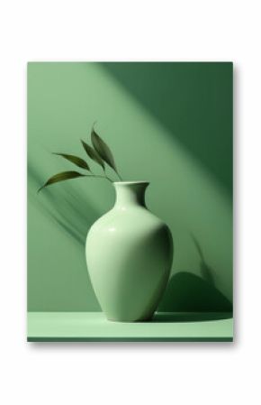 Minimalist still life with green ceramic vase and long leaves against a green background. Aesthetic interior concept with natural elements and soft shadows.