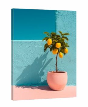 Lemon tree in a pot on the background of a blue wall